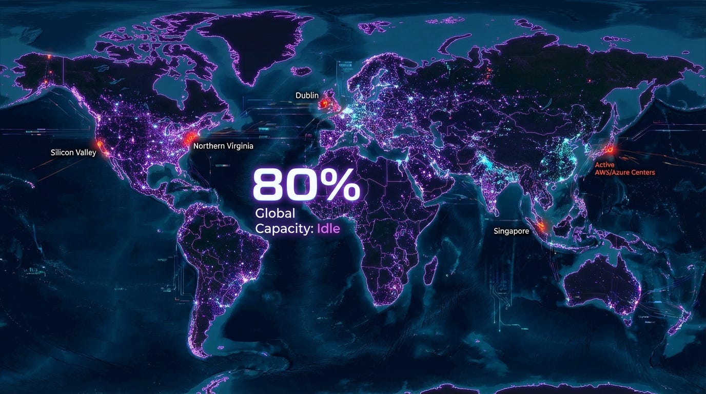 Global heat map showing 80% of worldwide computational resources sitting idle in purple clusters versus sparse red points marking active centralized data centers, visualizing stranded capacity that distributed networks can monetize