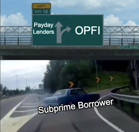 Meme image of a subprime borrower swerving off the highway toward OPFI and away from payday lenders, symbolizing the shift from traditional high-APR storefront loans to tech-driven fintech alternatives. Featured in OPFI deep dive article from Beating the Tide investment newsletter. Meme image of a subprime borrower swerving off the highway toward OPFI and away from payday lenders, symbolizing the shift from traditional high-APR storefront loans to tech-driven fintech alternatives. Featured in OPFI deep dive article from Beating the Tide investment newsletter.