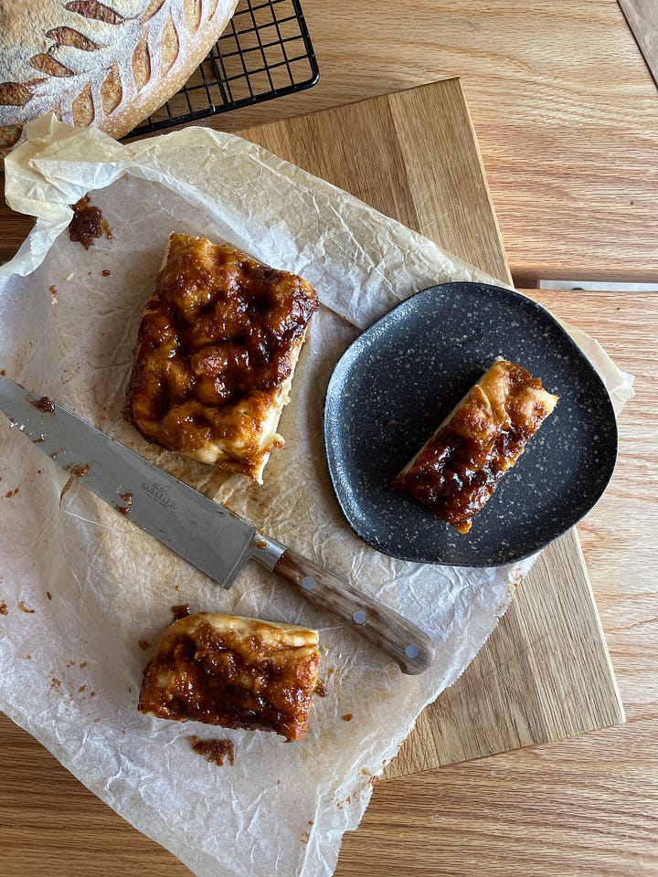 Danish Brunsviger made with sourdough and brown sugar and butter topping