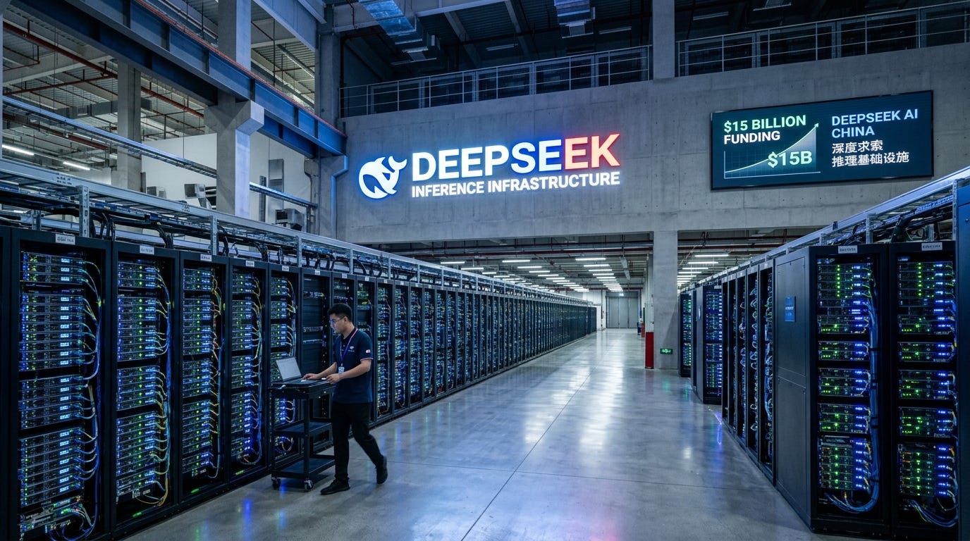 Khung cảnh bên trong một trung tâm dữ liệu hiện đại của DeepSeek với các hàng máy chủ đang hoạt động.
