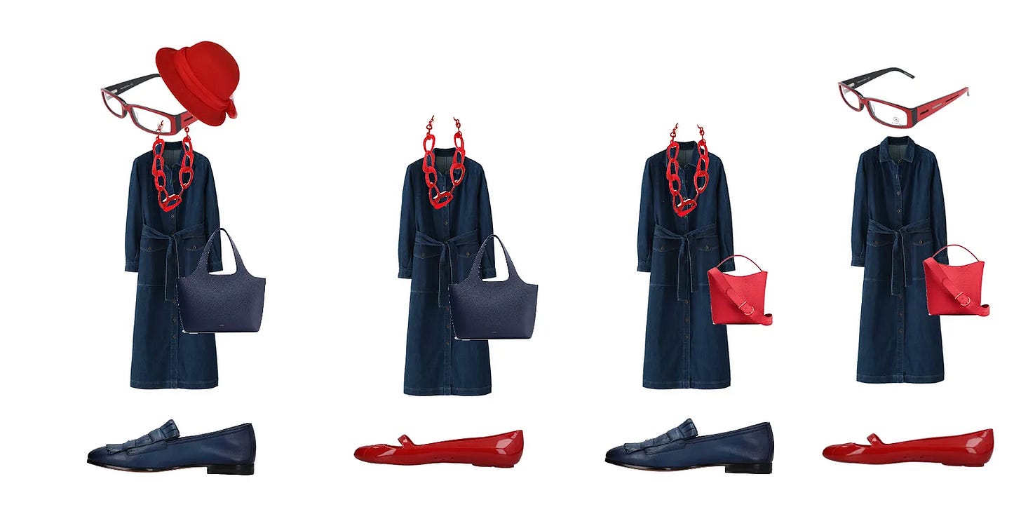 Black dress styled four different ways with bright red accessories