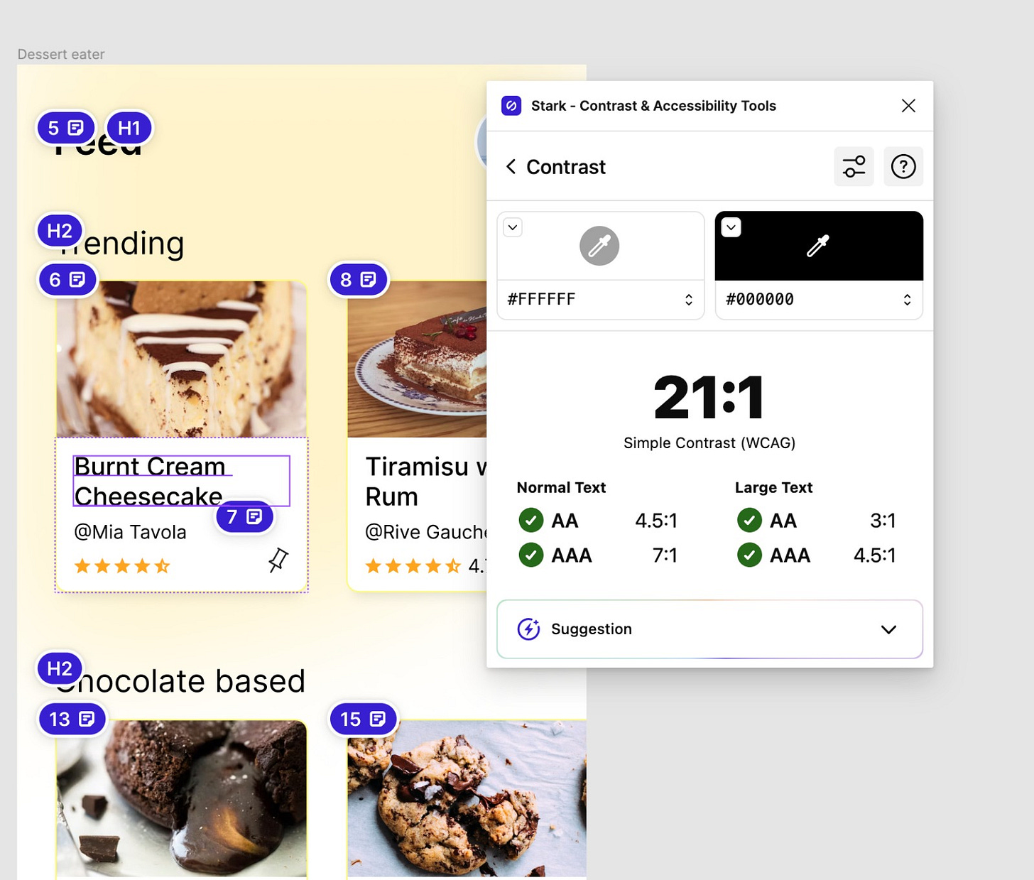 Screenshot of the Stark Plugin with contrast module open. It shows the 21 to 1 ratio for black and white