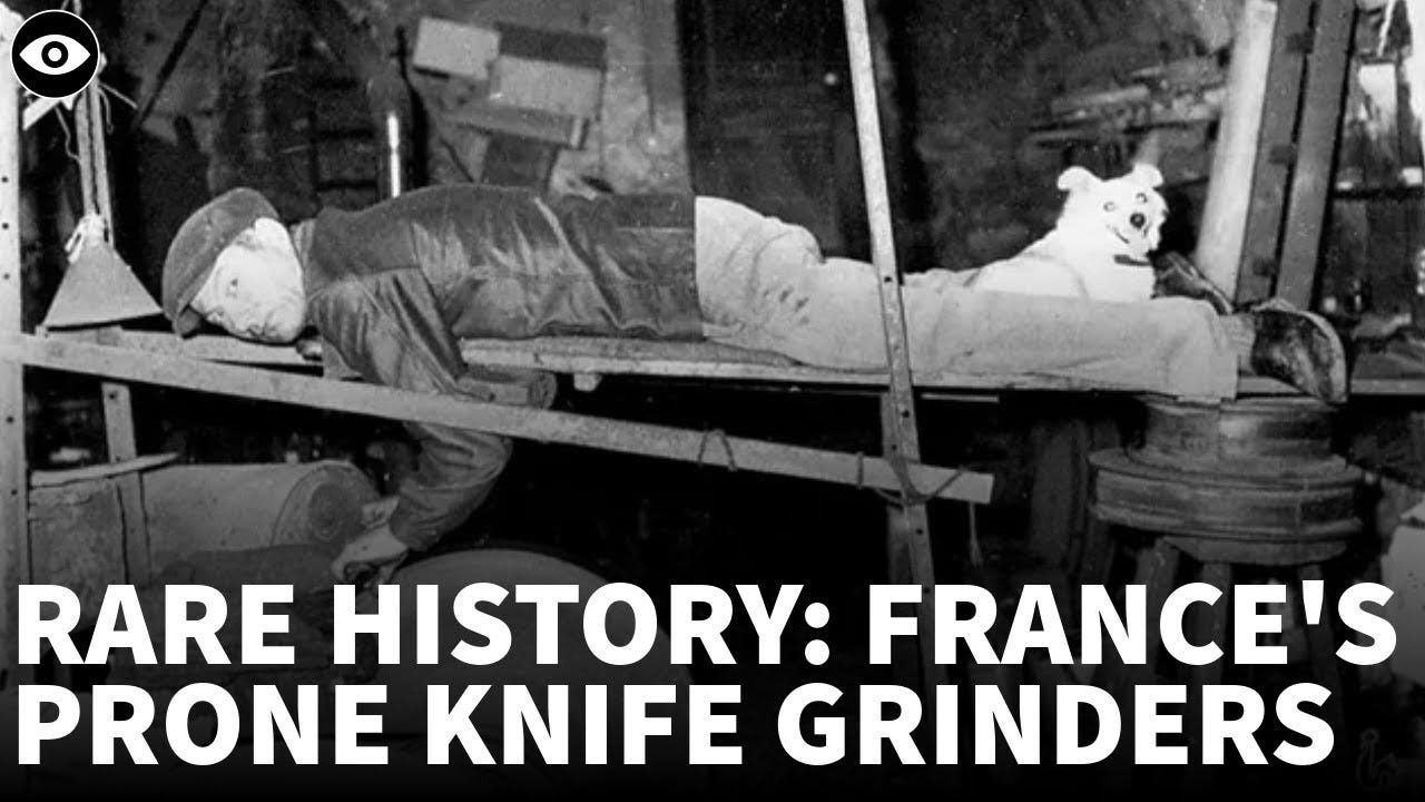 Historical footage of French knife grinders working prone