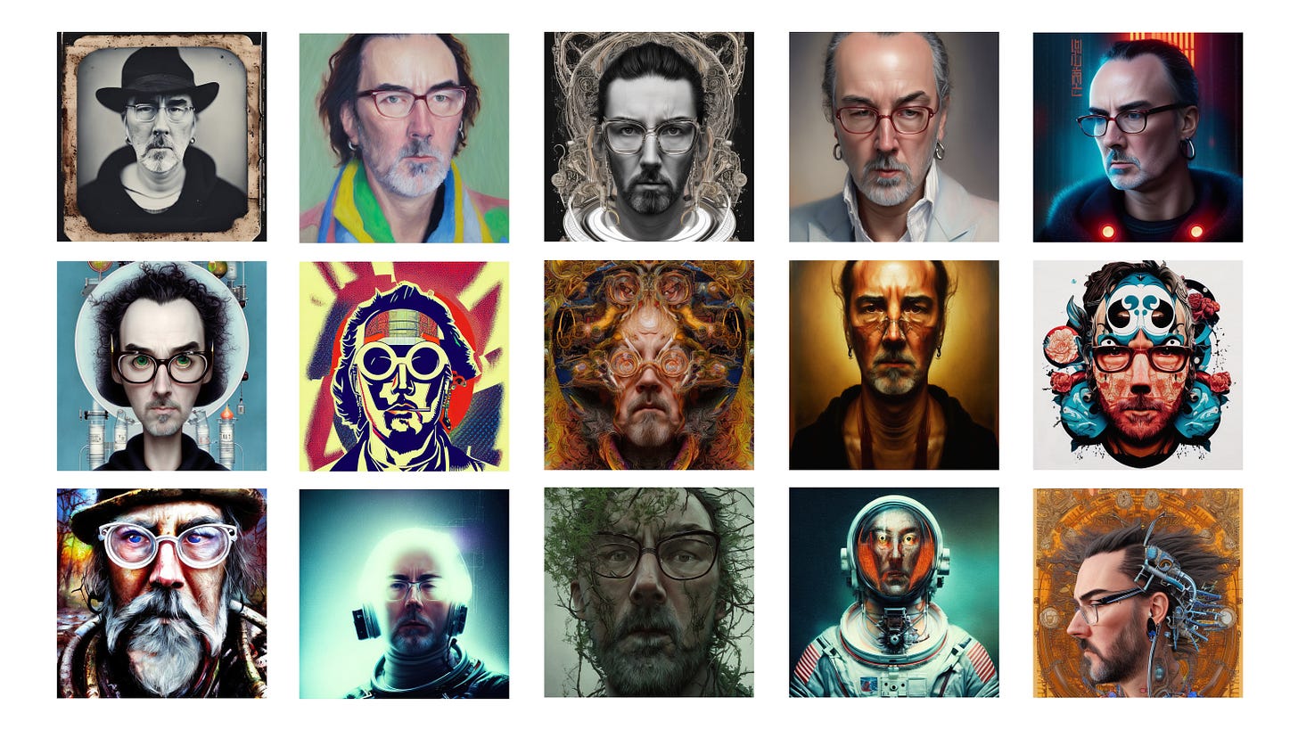 Multiple generated selfies of Adrian Storey.
