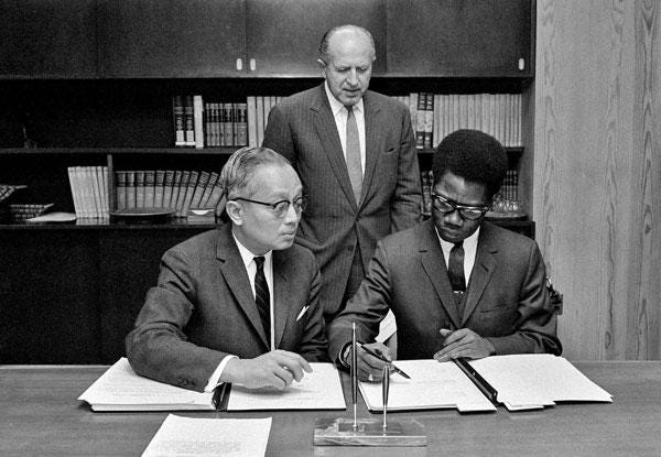 Ambassador Michel Gallin-Douathe of the Central African Republic signs the landmark International Convention on the Elimination of All Forms of Racial Discrimination at the United Nations in New York, March 7, 1966.