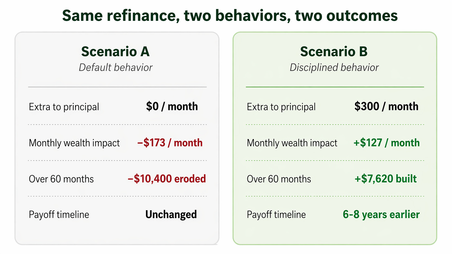 Side-by-side comparison of two refinance behavior scenarios for a Southern New Hampshire homeowner with a $380,000 balance refinancing from 7.25% to 6.40%, with $14,000 in closing costs and a planned 60-month tenure. Scenario A, default behavior: the borrower absorbs the lower payment into daily life. Gross monthly interest savings of $228, closing costs spread over 60 months at negative $233, principal opportunity cost from the amortization reset at negative $168, producing a net wealth impact of negative $173 per month, or roughly $10,400 in wealth erosion over five years. Scenario B, disciplined behavior: the borrower redirects the full $300 monthly cash flow savings to extra principal payments. Approximately $18,000 in additional principal paid over 60 months, the loan moves ahead of where the original loan would have been, producing a net wealth impact of positive $127 per month plus a payoff that is six to eight years earlier than the original loan. The difference between the two outcomes is $300 per month in behavior — same rate, same closing costs, same loan terms. Side-by-side comparison of two refinance behavior scenarios for a Southern New Hampshire homeowner with a $380,000 balance refinancing from 7.25% to 6.40%, with $14,000 in closing costs and a planned 60-month tenure. Scenario A, default behavior: the borrower absorbs the lower payment into daily life. Gross monthly interest savings of $228, closing costs spread over 60 months at negative $233, principal opportunity cost from the amortization reset at negative $168, producing a net wealth impact of negative $173 per month, or roughly $10,400 in wealth erosion over five years. Scenario B, disciplined behavior: the borrower redirects the full $300 monthly cash flow savings to extra principal payments. Approximately $18,000 in additional principal paid over 60 months, the loan moves ahead of where the original loan would have been, producing a net wealth impact of positive $127 per month plus a payoff that is six to eight years earlier than the original loan. The difference between the two outcomes is $300 per month in behavior — same rate, same closing costs, same loan terms.