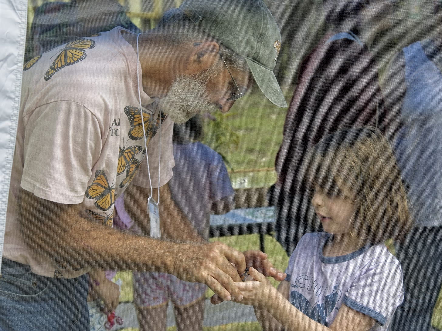 Volunteer, Jim, helps a young guest interact with a butterfly.