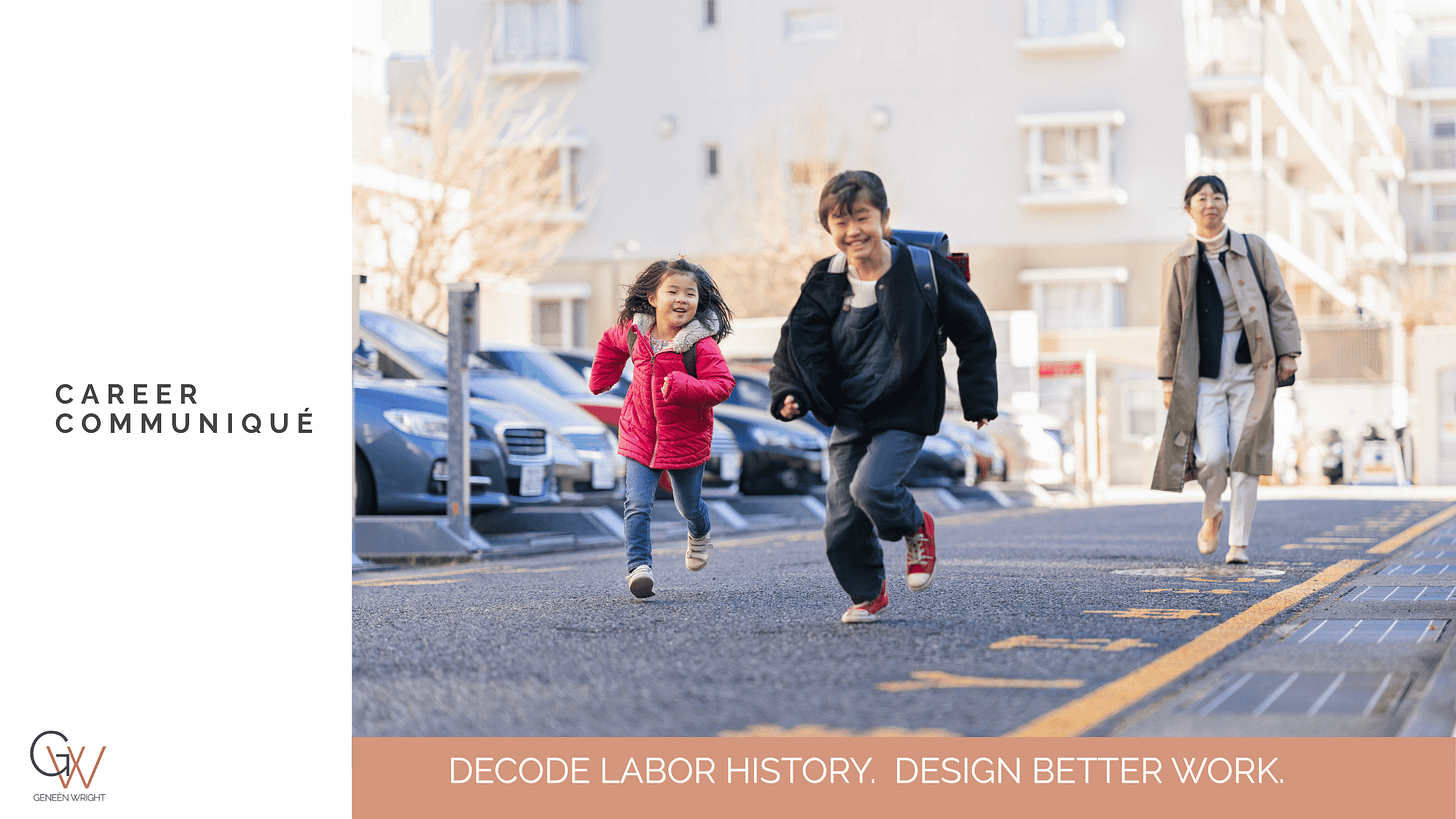 Children run ahead on a neighborhood street while an adult caregiver walks behind them, illustrating everyday caregiving and supervision that supports working families.