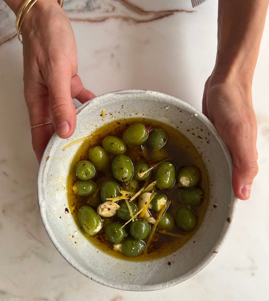 Lemon and Aleppo Marinated Olives with Feta and Almonds