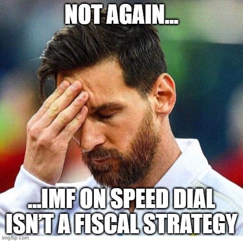 Funny meme of Lionel Messi facepalming with the caption ‘Not again… IMF on speed dial isn’t a fiscal strategy,’ used to illustrate Argentina’s recurring debt crises, IMF bailouts, and fiscal mismanagement in the context of Argentina stock market analysis and SUPV/YPF investment commentary.