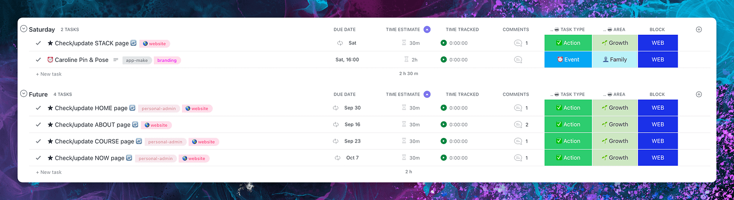Screenshot of ClickUp showing a filtered view for my web tasks