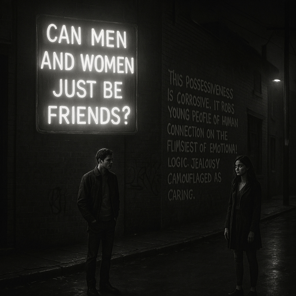Thumbnail Image A black-and-white realistic image of a dimly lit urban street at night. The focal point is a glowing neon sign that reads: 'Can men and women just be friends?' The sign is slightly flickering, casting a soft glow on the wet pavement below. Nearby, a young couple stands apart, not touching, with visible tension in their body language. The man looks away, conflicted, while the woman gazes directly at him, her expression unreadable. In the background, a wall is graffitied with the words: 'This possessiveness is corrosive. It robs young people of human connection on the flimsiest of emotional logic: jealousy camouflaged as caring.' The atmosphere is moody and introspective, evoking themes of psychological complexity, emotional distance, and societal expectations.