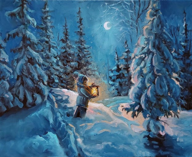 Original oil painting on canvas night winter forest scene ...