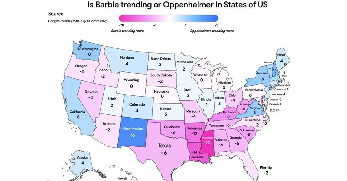 This Barbie vs Oppenheimer Map Tracks Films' Popularity This Barbie vs Oppenheimer Map Tracks Films' Popularity