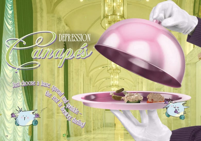 Small bites are served on a shiny pink platter by hands in white gloves against a backdrop of a very fancy marble hall with super tall ceilings. Depression canapes. Just choose a base spread and spring - the rest is herstory, darling! Small bites are served on a shiny pink platter by hands in white gloves against a backdrop of a very fancy marble hall with super tall ceilings. Depression canapes. Just choose a base spread and spring - the rest is herstory, darling!