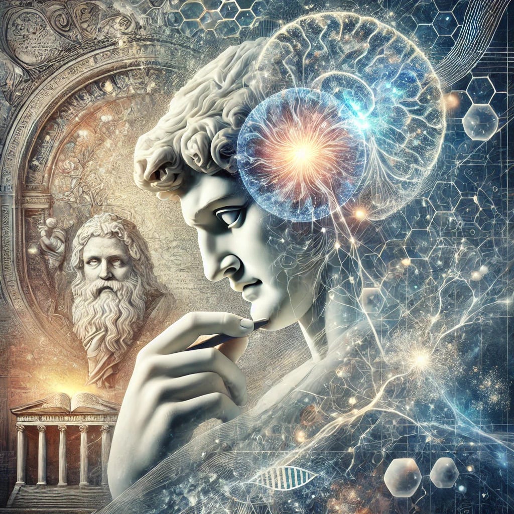 A captivating philosophical essay cover art, combining elements of classic and modern ideas. Depict an abstract representation of a marble sculpture being carved to reveal a figure (alluding to Leibniz's analogy), surrounded by a glowing ethereal aura symbolizing innate ideas. Overlay this scene with subtle outlines of neural pathways and linguistic structures to represent Chomsky's linguistic theories. In the background, blend imagery of classical books and modern text, symbolizing the debate across time. Use soft blues and whites for a contemplative atmosphere, with gold accents for highlights. Artistic and intellectual, suitable for academic use.