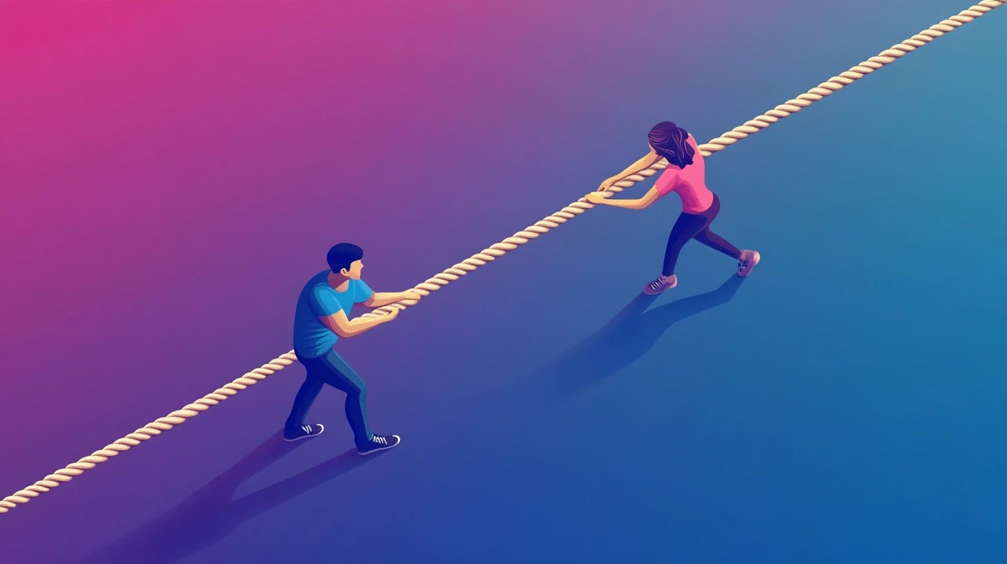 A man and woman play tug-of-war, pulling opposite ends of a rope on a gradient background.
