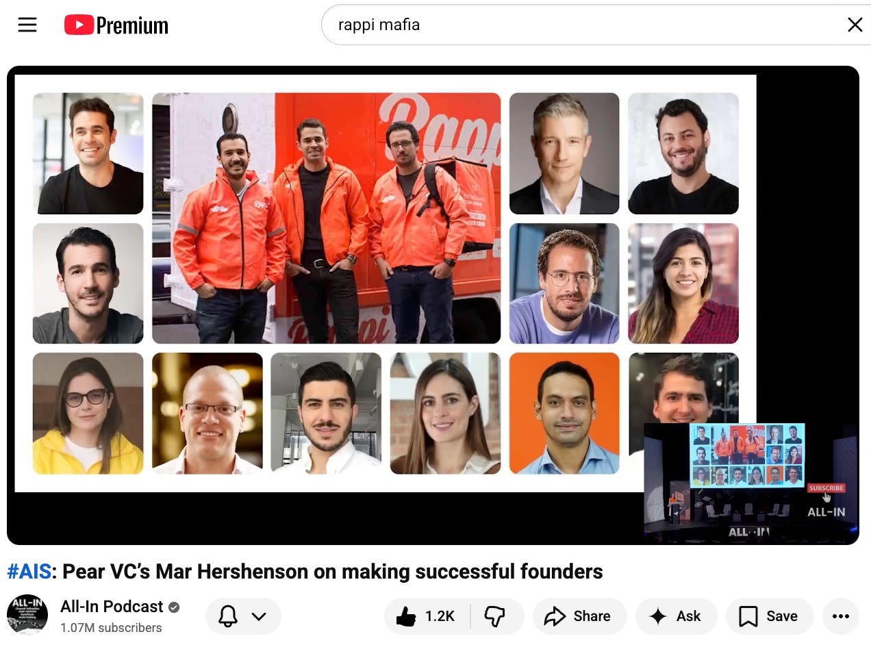 Grid of Rappi mafia founders and alumni from the All-In Podcast, including the author (second from top right).