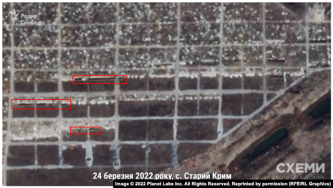 Satellite image of the Planet of Mass Burial in the village of Stary Krym near Mariupol on March 24, 2022