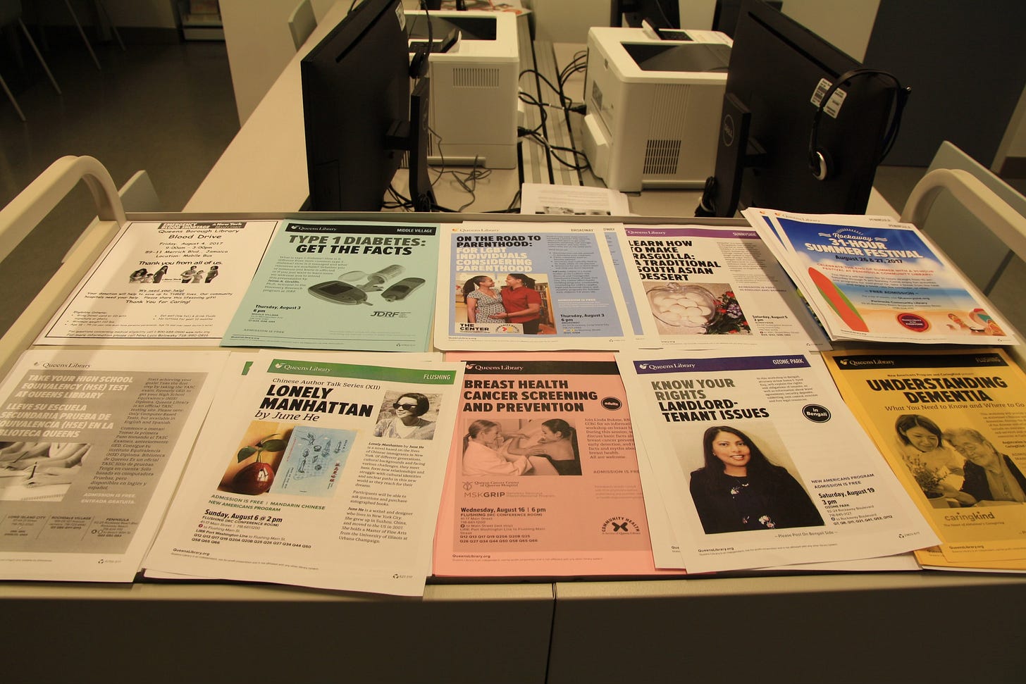 An array of brochures offers help with a wide range of issues, from diabetes to dementia