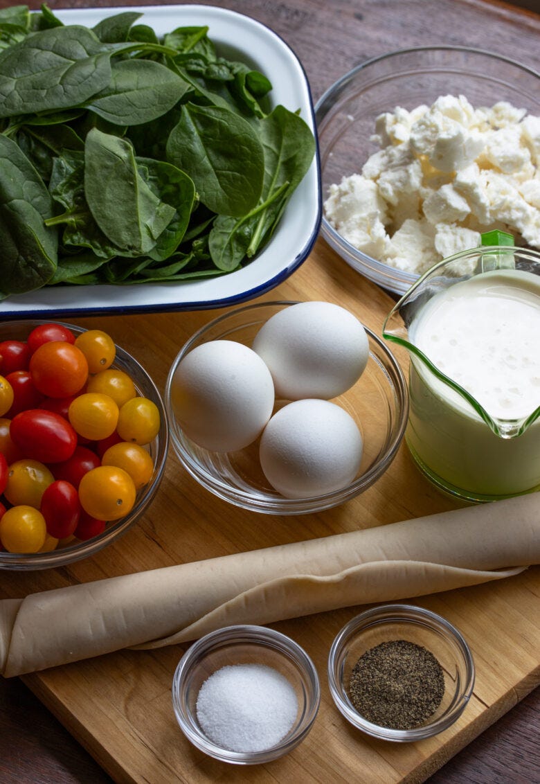 ingredients for spinach feta quiche