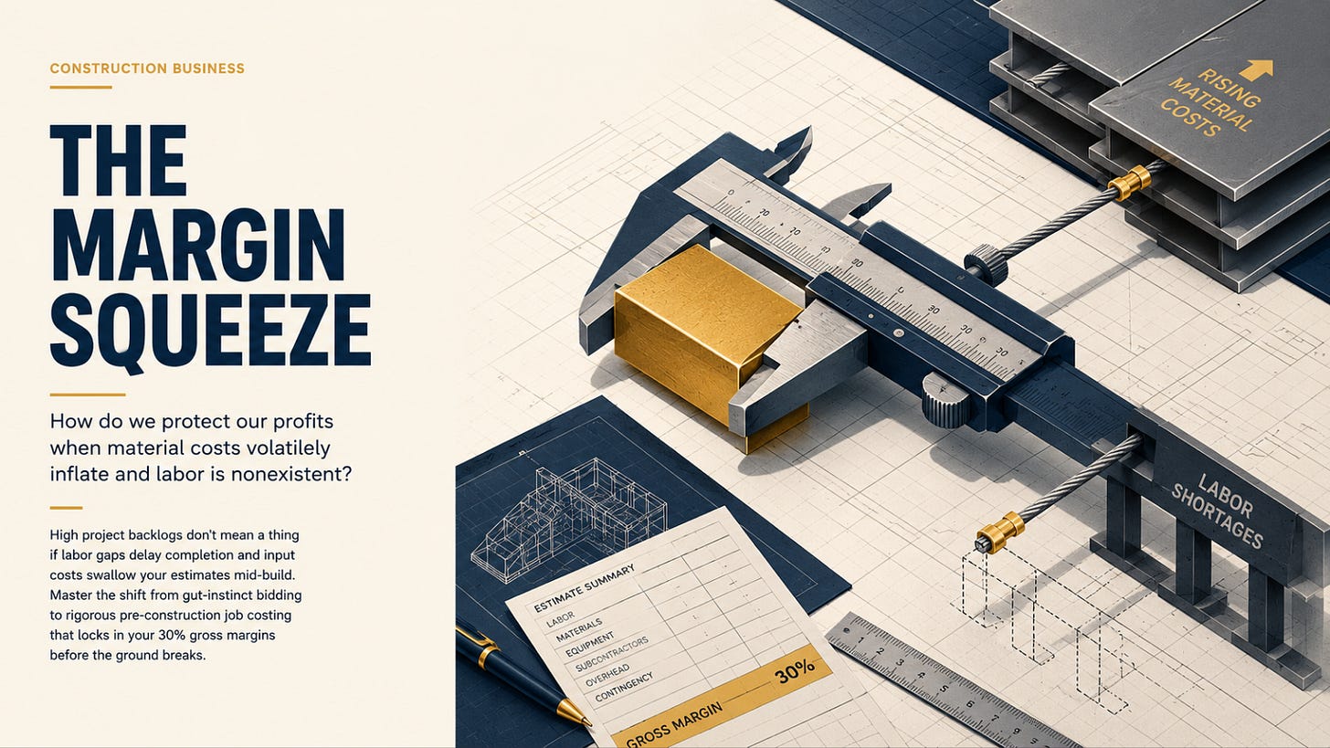 Editorial illustration showing a precision caliper securing a gold block while steel cables labeled "Rising Material Costs" and "Labor Shortages" pull in opposite directions, symbolizing how disciplined pre-construction estimating protects construction profit margins despite inflation and labor shortages. Editorial illustration showing a precision caliper securing a gold block while steel cables labeled "Rising Material Costs" and "Labor Shortages" pull in opposite directions, symbolizing how disciplined pre-construction estimating protects construction profit margins despite inflation and labor shortages.