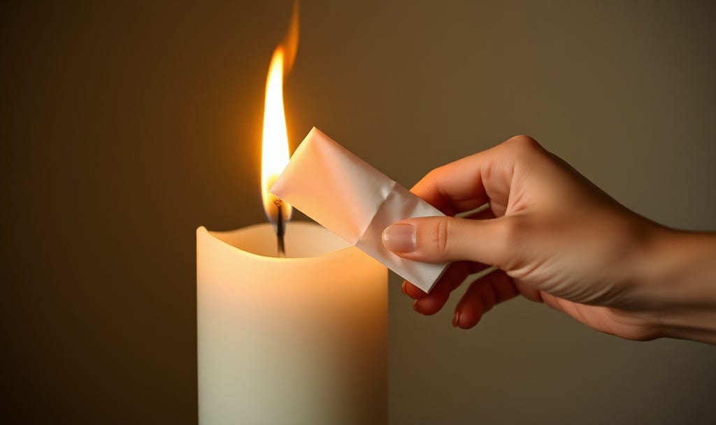 a white candle with a person burning a folded piece of paper in the flame