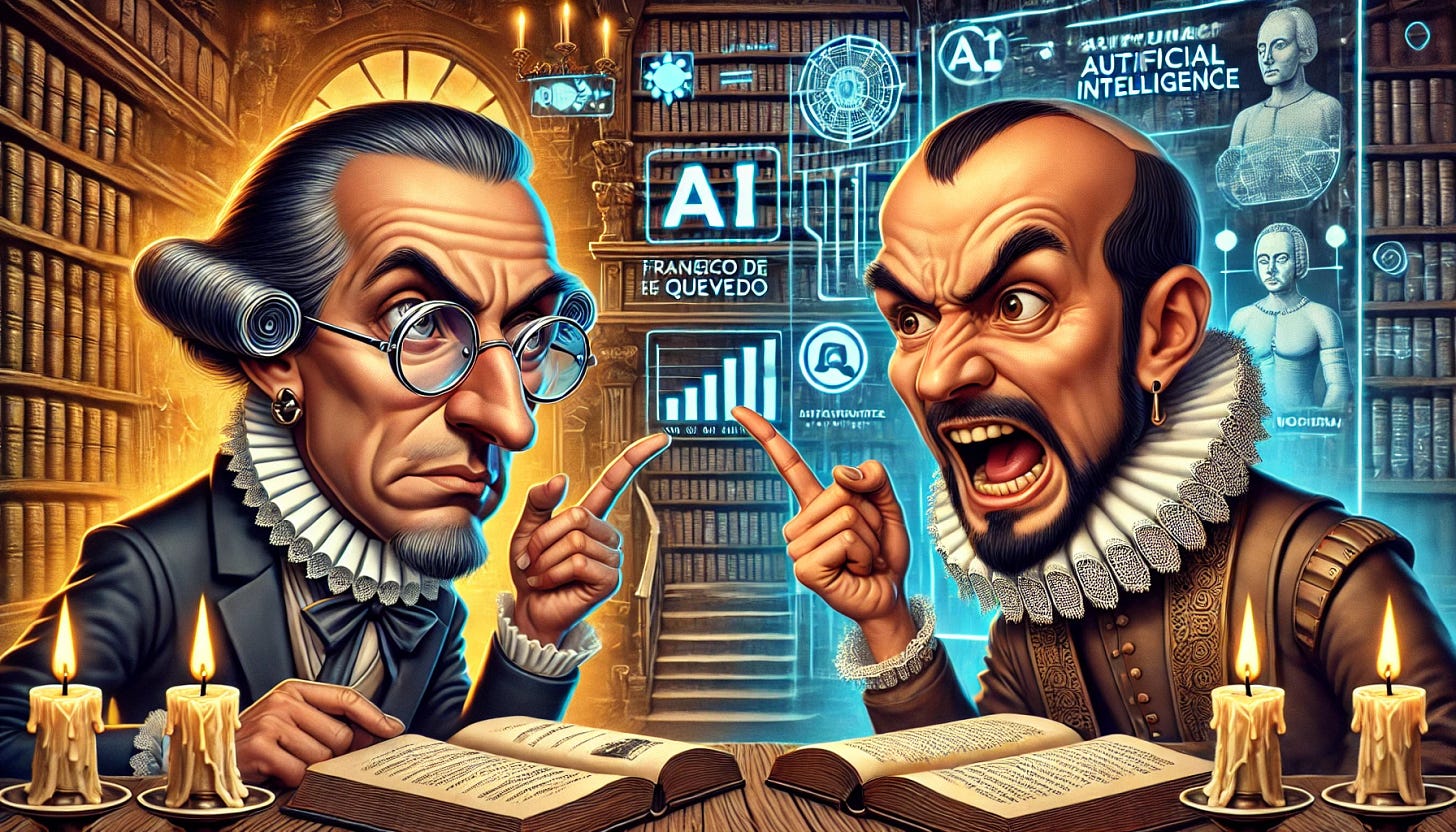 A wide-format caricature of Francisco de Quevedo and Luis de Góngora engaged in a humorous debate about artificial intelligence. Quevedo, on the left, with exaggerated round glasses and a sharp nose, smirks while holding a futuristic AI-generated document, mocking Góngora. Góngora, on the right, with a high forehead and intense expression, gestures passionately while holding an old book, looking frustrated by the modern technology. In the background, a mix of an old 17th-century library with candlelight and futuristic holographic screens displaying AI algorithms creates a contrast between past and future. Their names are labeled above them for clear identification.