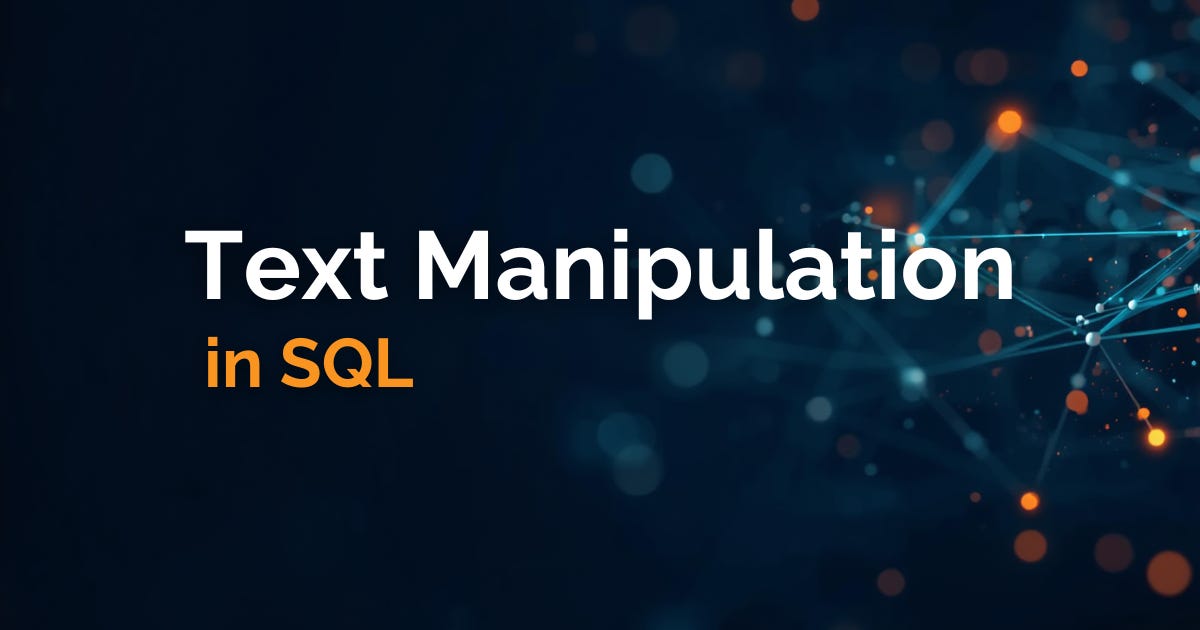 Text Manipulation in SQL tutorial thumbnail with futuristic dark blue network and bokeh lights background.