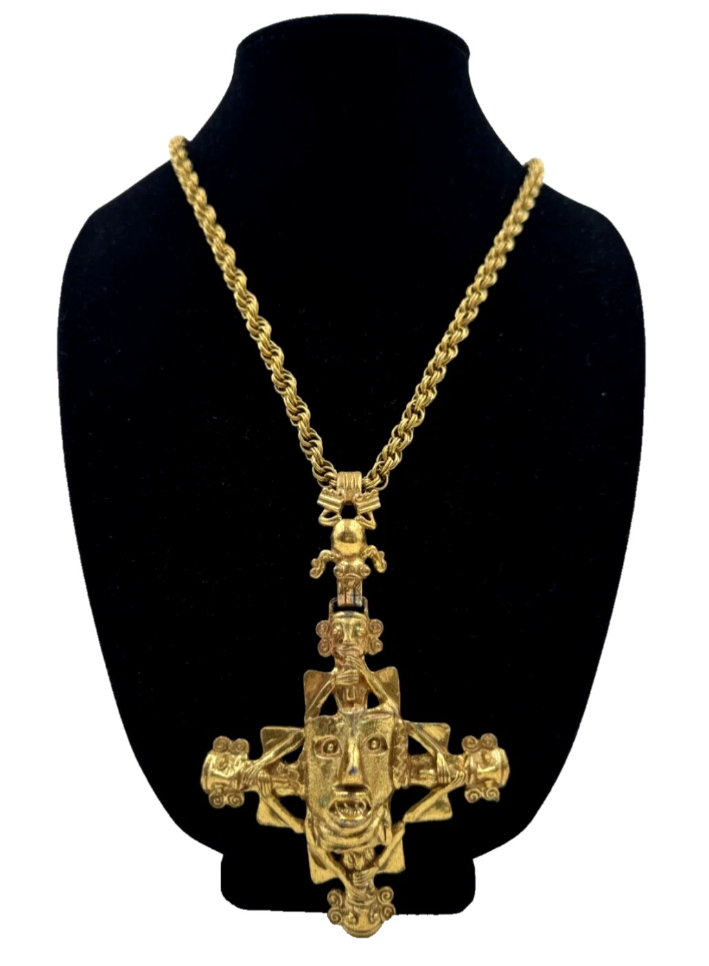 LARRY VRBA FOR CASTLECLIFF SIGNED OVERSIZED GOLD CLR VNTG NECKLACE AZTEC MAYAN R - Picture 1 of 11