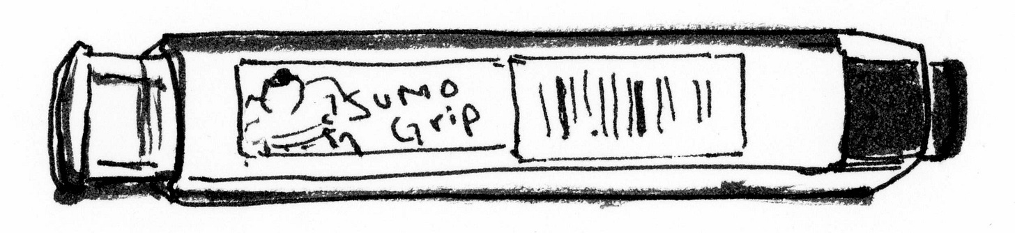 K.Woodman-Maynard, black and white ink illustration of a sumo grip eraser. 