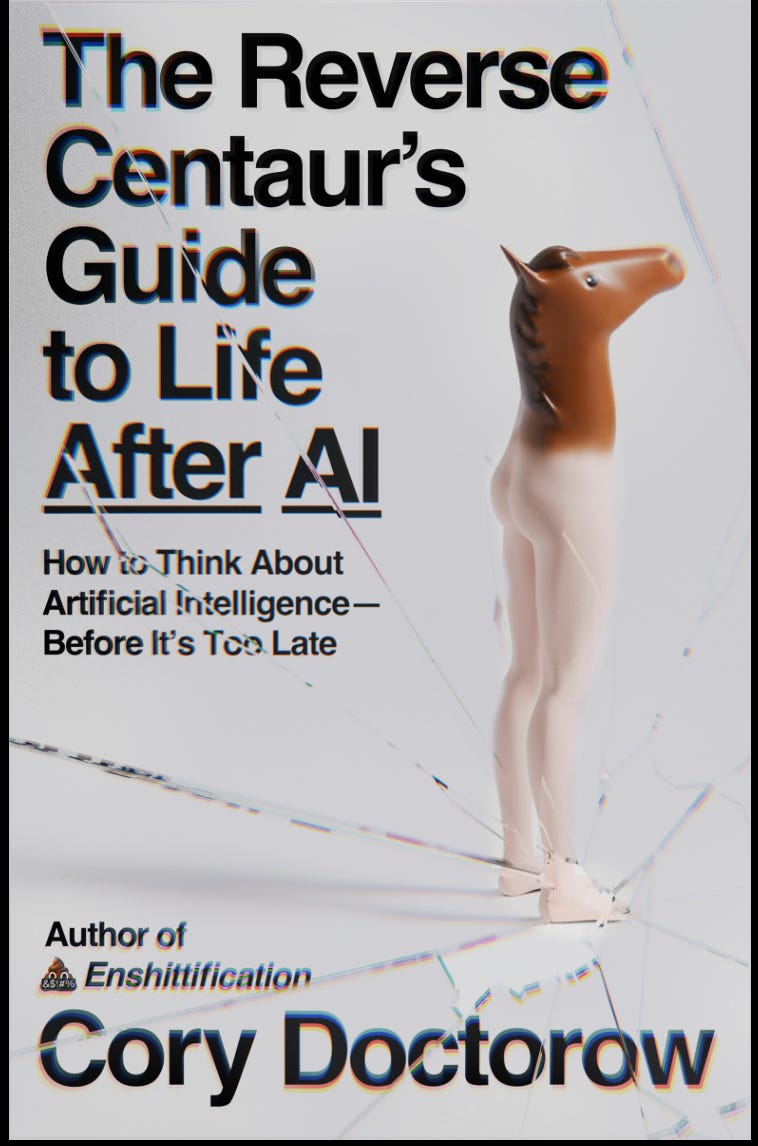 The cover shows large black text reading “The Reverse Centaur’s Guide to Life After AI,” with chromatic glitch effects and underlined “AI.” A small horse-headed, human-legged figure stands on the right against a pale gray background crossed by cracked-glass lines. Additional text reads “How to Think About Artificial Intelligence — Before It’s Too Late,” “Author of Enshittification,” and “Cory Doctorow.”
