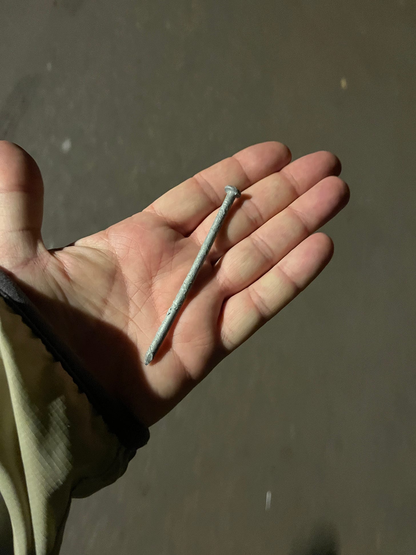 A long nail rests in the palm of my hand as I walk down the street.