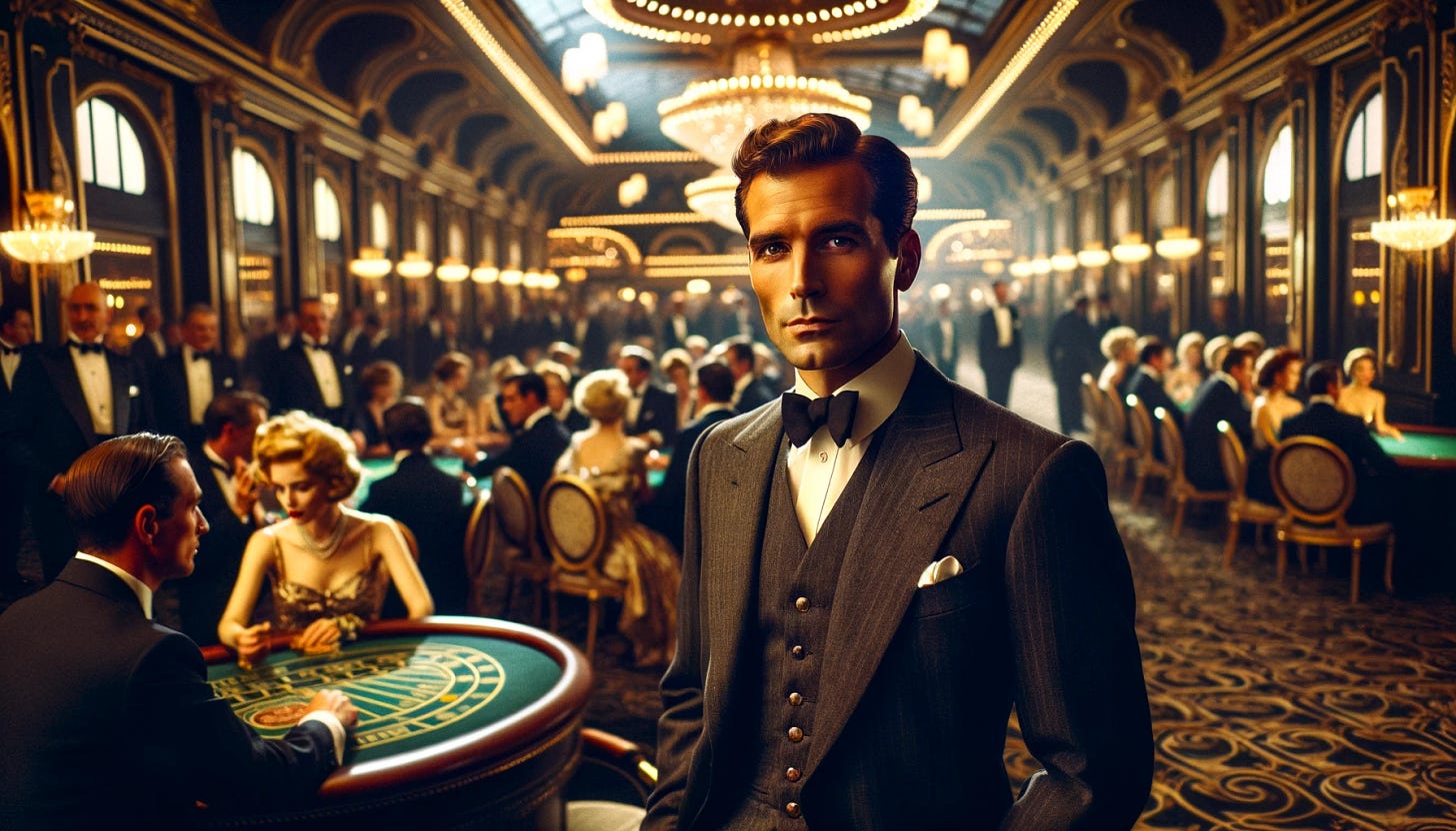 A lavish scene inside a generic casino, reflecting the glamorous ambiance of the mid-20th century. The setting is adorned with ornate decorations and a bustling crowd of elegantly dressed individuals. A debonair, middle-aged Englishman, exceptionally well-dressed in a sharp suit, stands observing the activities around him. He looks handsome and charismatic, with an intriguing air, as if he possesses a mysterious quality. The scene captures the essence of luxury and timeless elegance from a bygone era. Aspect ratio 16:9.