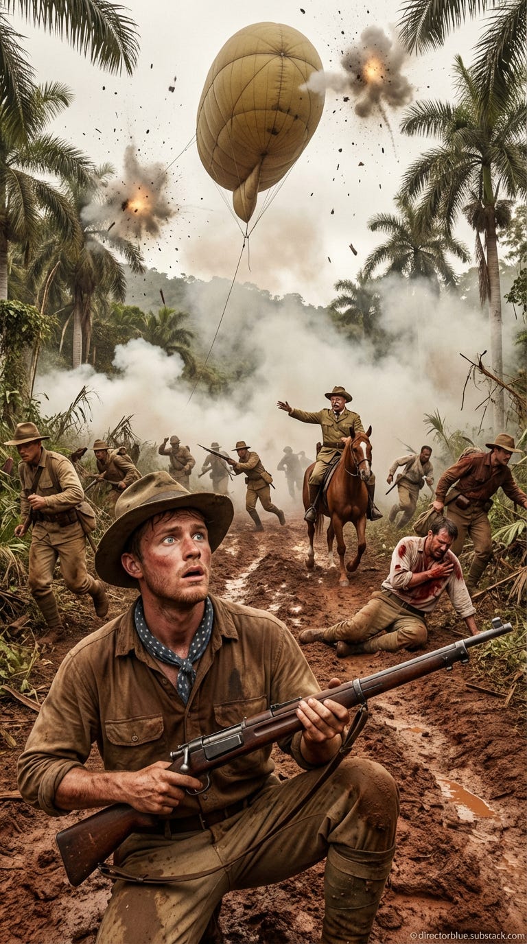 please create this image - Hyper-realistic 9x16 photographic image morning light approximately 635 AM El Pozo Hill Cuba July 1 1898 Dramatic scene of chaos and incoming fire Foreground lower third the young corporal age 22 lean light brown h_image_1