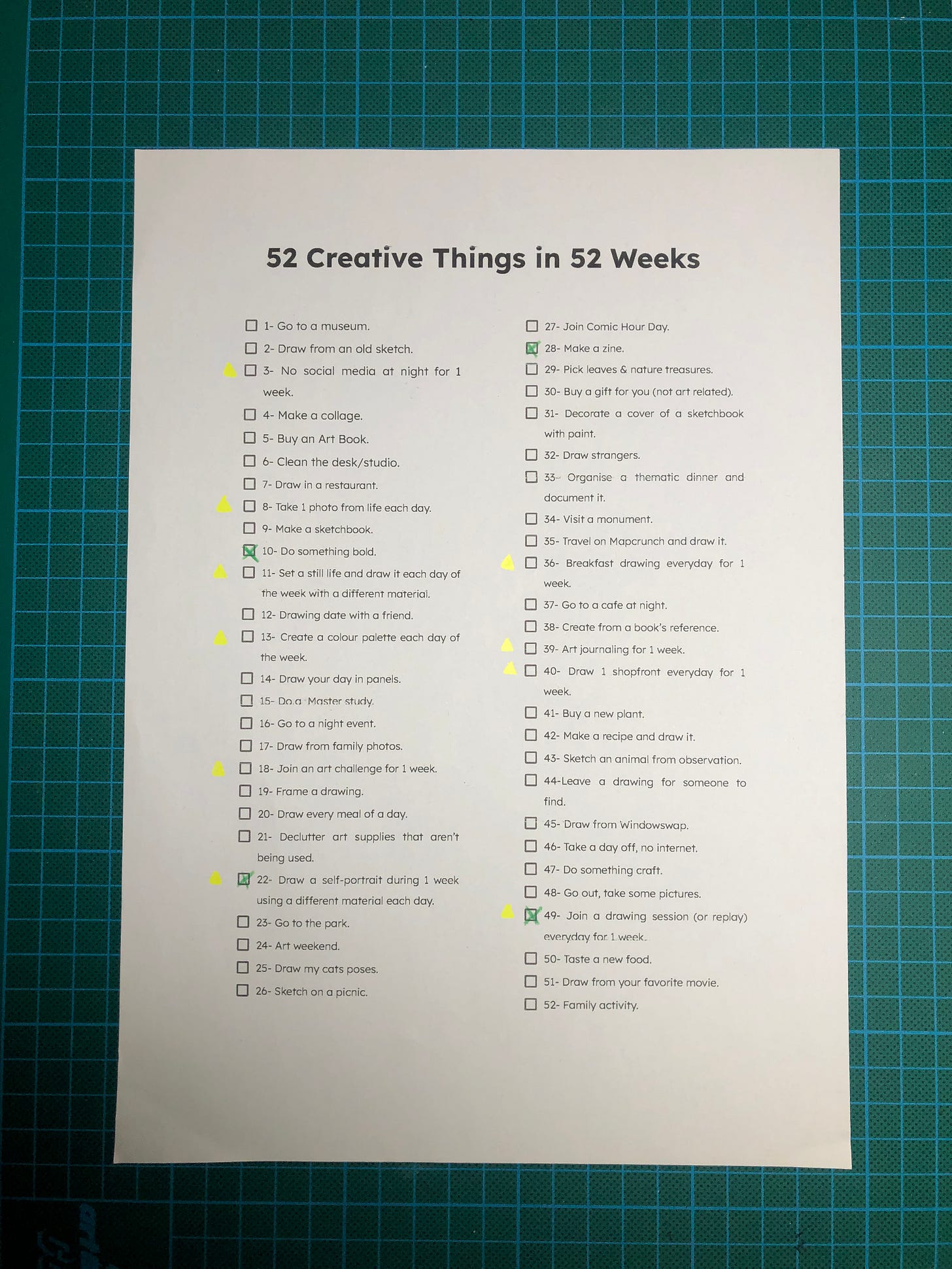 Liste des 52 activités proposées par Teresa. Cette semaine j’ai coché la case 10 - Do something bold. Liste des 52 activités proposées par Teresa. Cette semaine j’ai coché la case 10 - Do something bold.