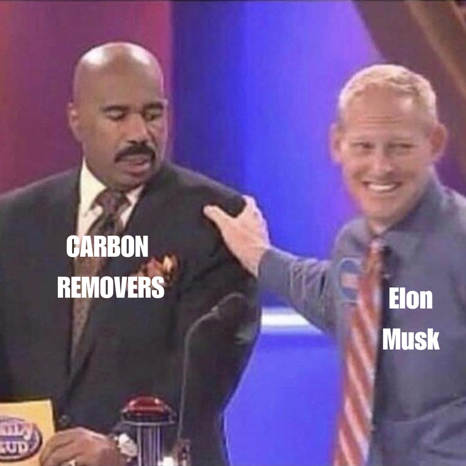 Game show still of Steve Harvey looking uncomfortable, labelled "Carbon removers," while a grinning contestant labelled "Elon Musk" rests a hand on his shoulder.