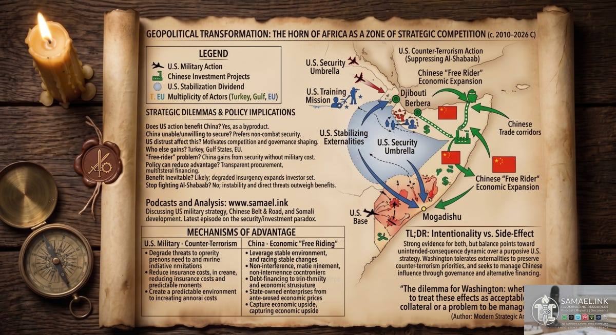 A thematic infographic styled as a weathered parchment scroll atop a wooden desk, featuring a lit candle, a compass, and a wax seal. The central map displays the Horn of Africa, specifically Somalia and Djibouti, illustrating the geopolitical interaction between United States military operations and Chinese economic expansion. Text boxes and flowcharts detail the security umbrella provided by U.S. counter-terrorism efforts against Al-Shabaab and the subsequent free rider effect that allows Chinese infrastructure and trade corridors to expand with reduced risk. The graphic includes a detailed legend, a TL;DR summary, and strategic dilemmas concerning regional influence. A watermark for www.samael.ink is visible.