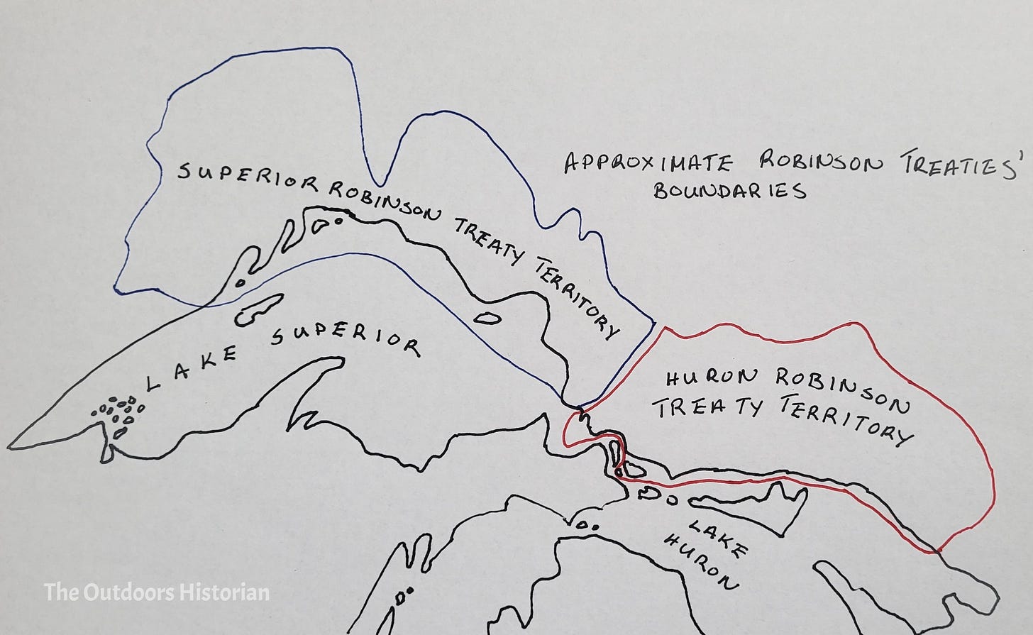 A hand drawn map of the territory ceded by the Robinson treaties on the Canadian side of the northern Great Lakes.