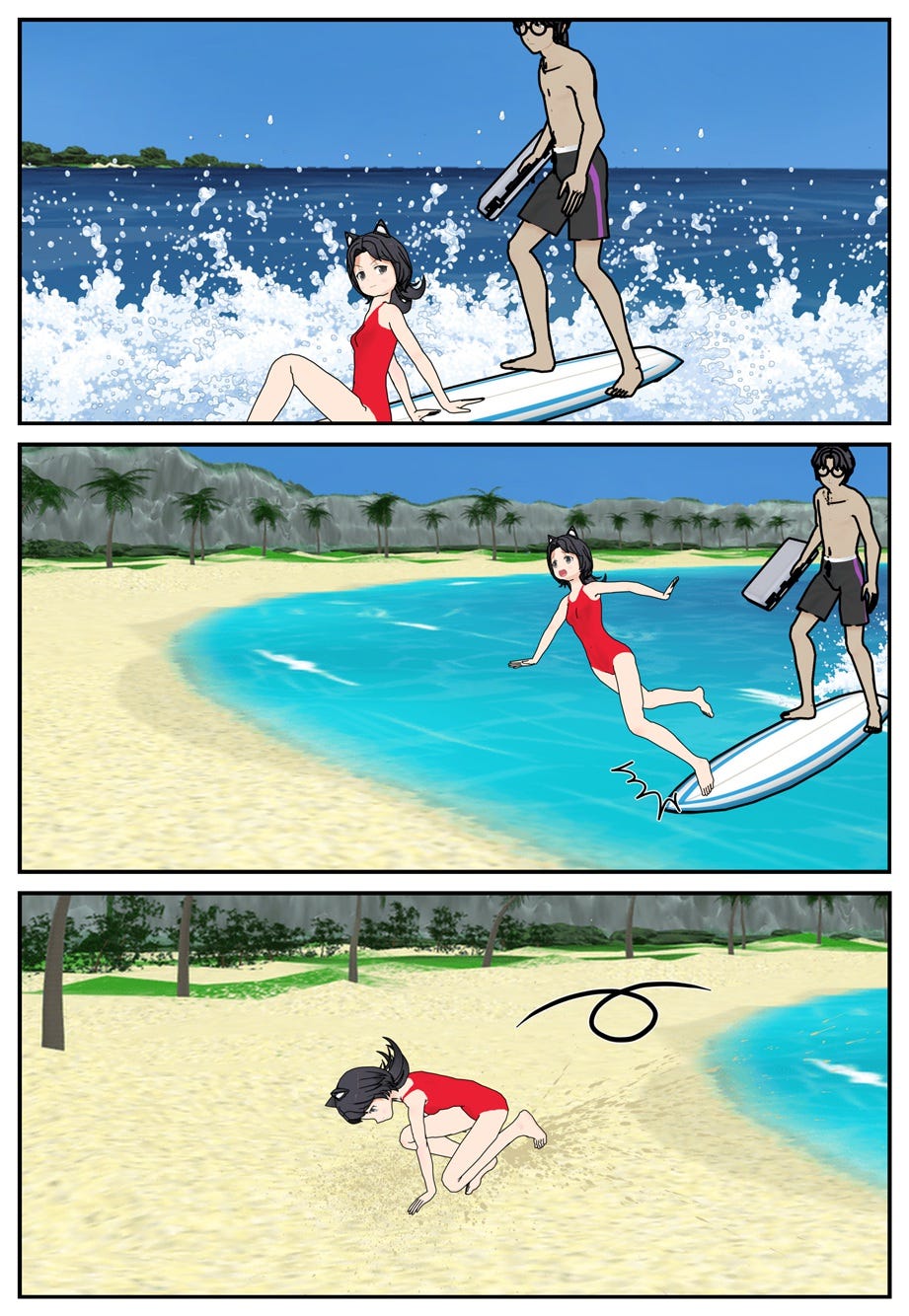 Holding onto the briefcase, Ruff keeps his cool and coasts to the shore, leaving Rae to somersault into the sand.