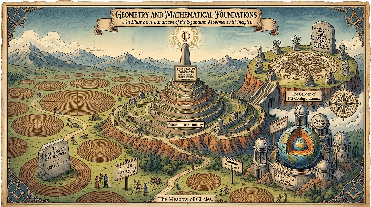An intricate, fantasy-style architectural landscape titled "Geometry and Mathematical Foundations," showing stone monuments inscribed with circle formulas, a tiered "Mountain of Geometry," and a garden layout representing overlapping geometric configurations. An intricate, fantasy-style architectural landscape titled "Geometry and Mathematical Foundations," showing stone monuments inscribed with circle formulas, a tiered "Mountain of Geometry," and a garden layout representing overlapping geometric configurations.
