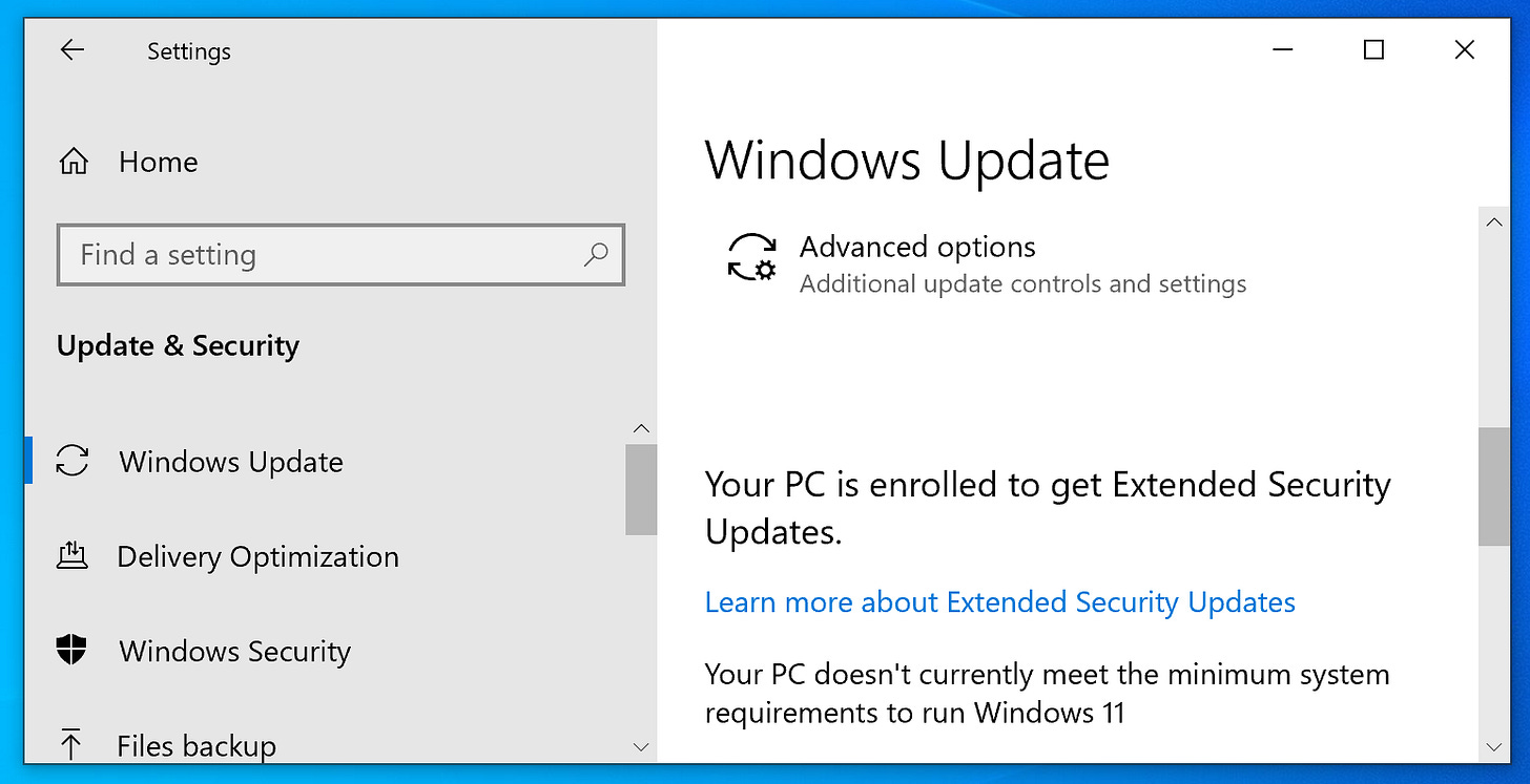 The "Your PC is enrolled to get Extended Security Updates" message in Windows Update on Windows 10.