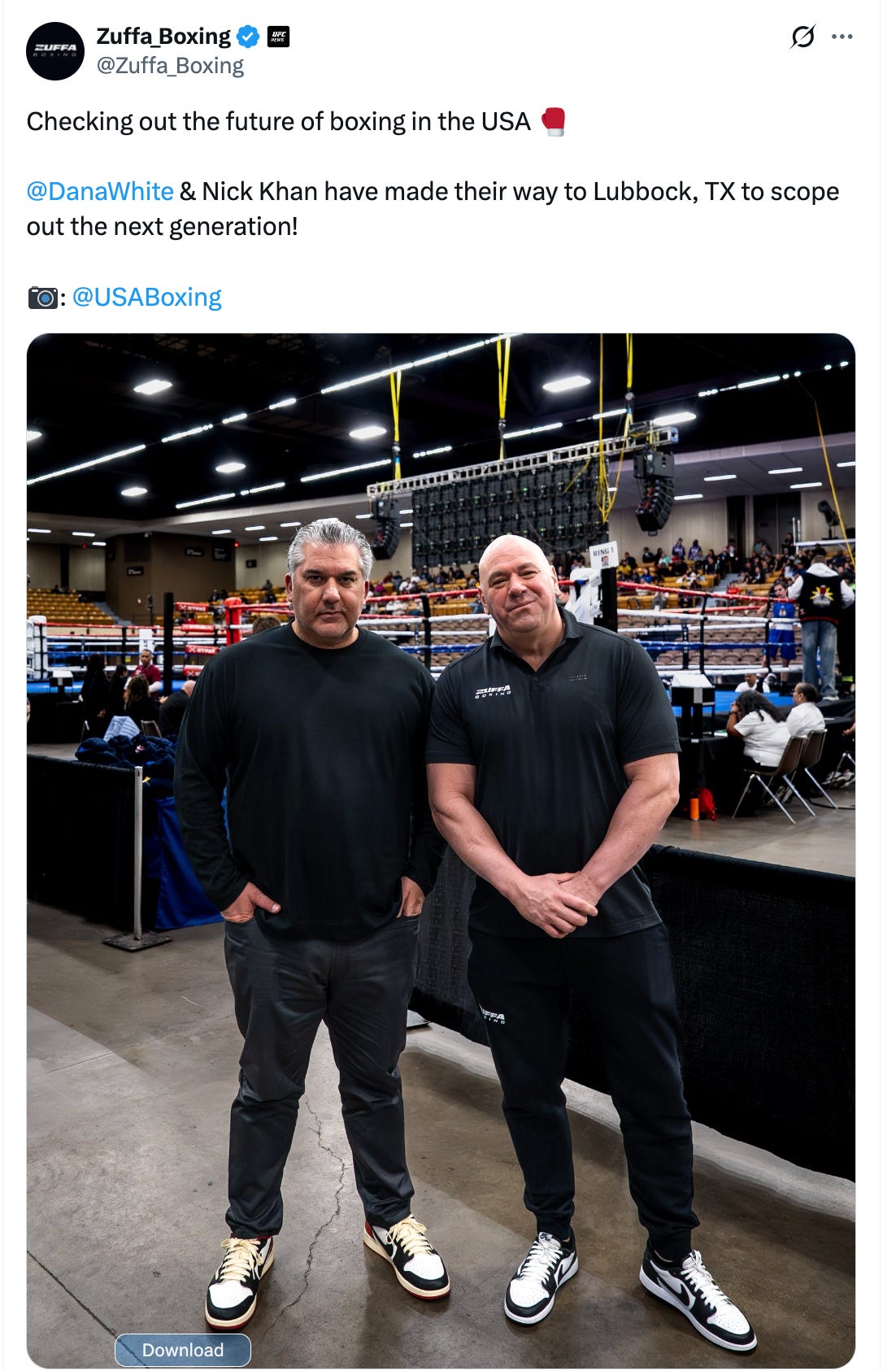 @Zuffa_Boxing Checking out the future of boxing in the USA 🥊 @DanaWhite & Nick Khan have made their way to Lubbock, TX to scope out the next generation! 📷: @USABoxing @Zuffa_Boxing Checking out the future of boxing in the USA 🥊 @DanaWhite & Nick Khan have made their way to Lubbock, TX to scope out the next generation! 📷: @USABoxing