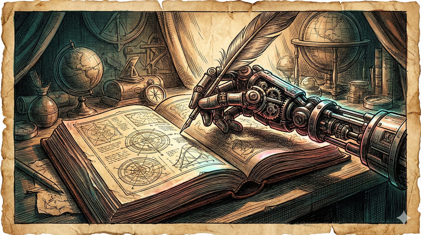 Vintage-style illustration depicting the AI assisted writing debate between human creativity and algorithmic tools