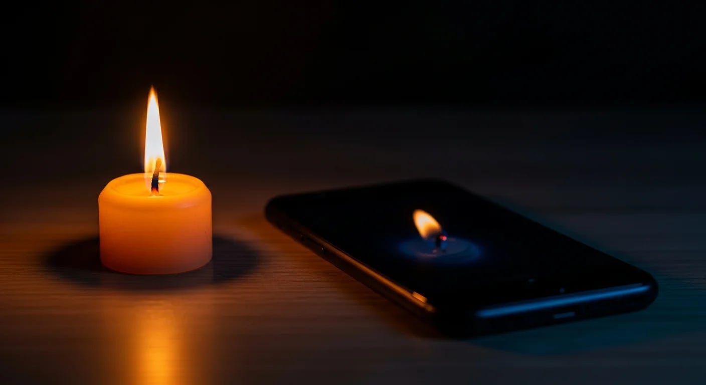 A real lit candle with a warm amber flame beside a dark smartphone screen showing a dim, hollow reflection of the flame, symbolising the tension between real spiritual fire and its digital imitation in AI Bible companion apps