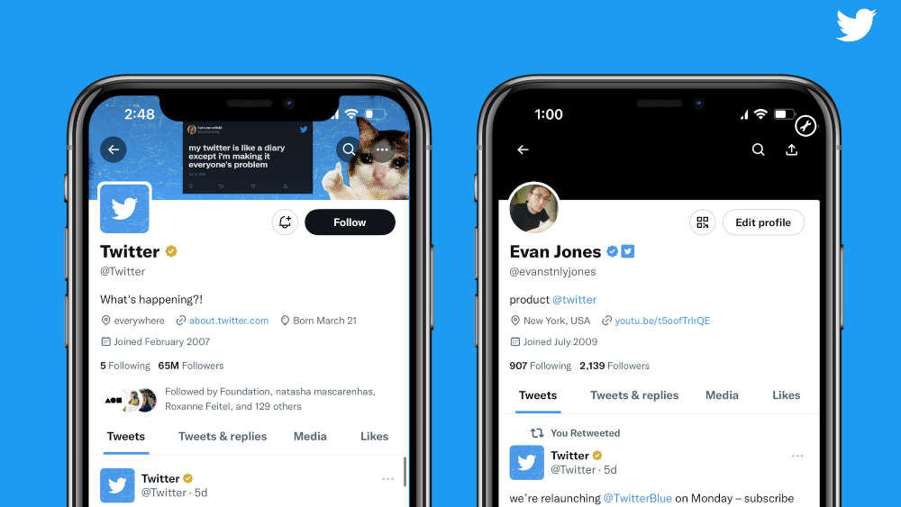 Two phones showing two Twitter accounts using then new Blue for Business service Two phones showing two Twitter accounts using then new Blue for Business service