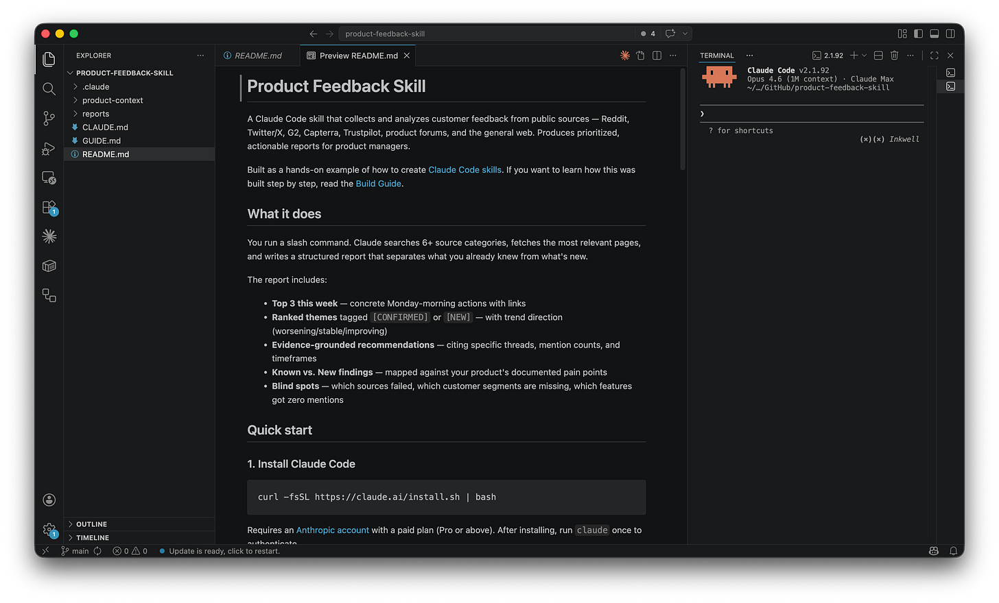 VS Code Explorer sidebar showing the product-feedback-skill folder structure with .claude, product-context, reports folders and README.md. VS Code Explorer sidebar showing the product-feedback-skill folder structure with .claude, product-context, reports folders and README.md.