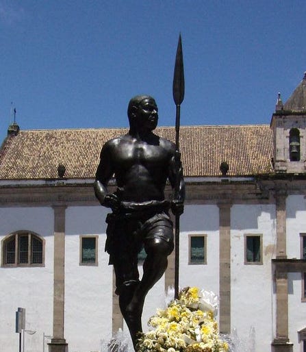 A statue of Zumbi dos Palmares, who we’ll meet, in Salvador, Brazil. Courtesy Wikimedia Commons.