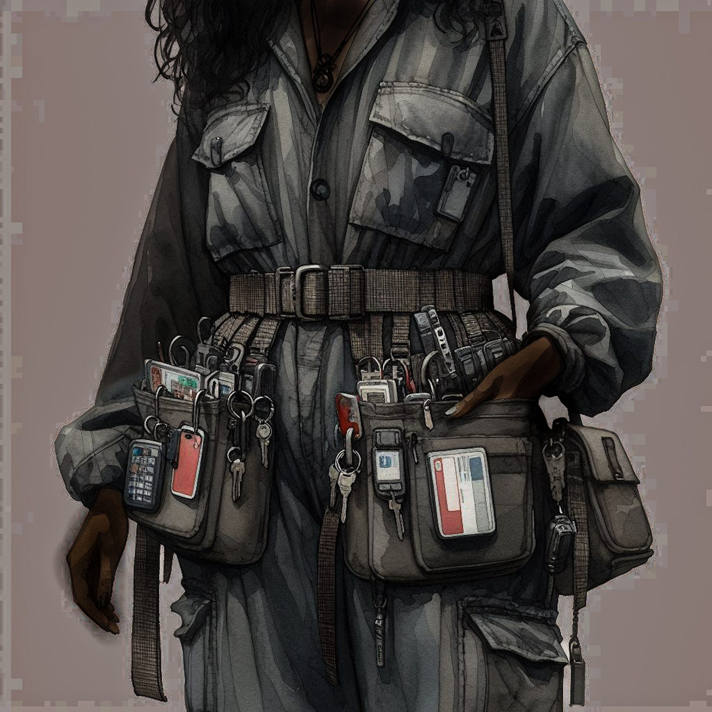 From Chapter 18, below: "...a solidly built but graceful, very dark-skinned woman in a uniform which I felt (doyen of style am I, you know) to be unflatteringly functional. It was a jumpsuit, made of some simple dark-gray fabric, zippered up the front, with a web belt around her waist. From the belt, on a ring, hung what appeared to be a couple kilograms of keys and swipecards, as well as several smaller electronic devices." From Chapter 18, below: "...a solidly built but graceful, very dark-skinned woman in a uniform which I felt (doyen of style am I, you know) to be unflatteringly functional. It was a jumpsuit, made of some simple dark-gray fabric, zippered up the front, with a web belt around her waist. From the belt, on a ring, hung what appeared to be a couple kilograms of keys and swipecards, as well as several smaller electronic devices."