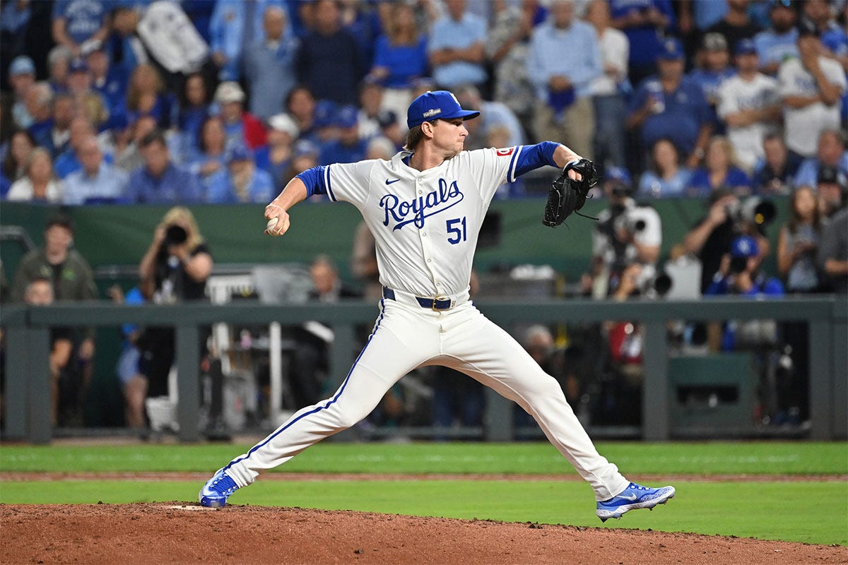 Oct 9, 2024; Kansas City, Missouri, USA; Kansas City Royals relief pitcher Brady Singer (51) seventh in the ninth inning against the New York Yankees during game three of the NLDS for the 2024 MLB Playoffs at Kauffman Stadium.